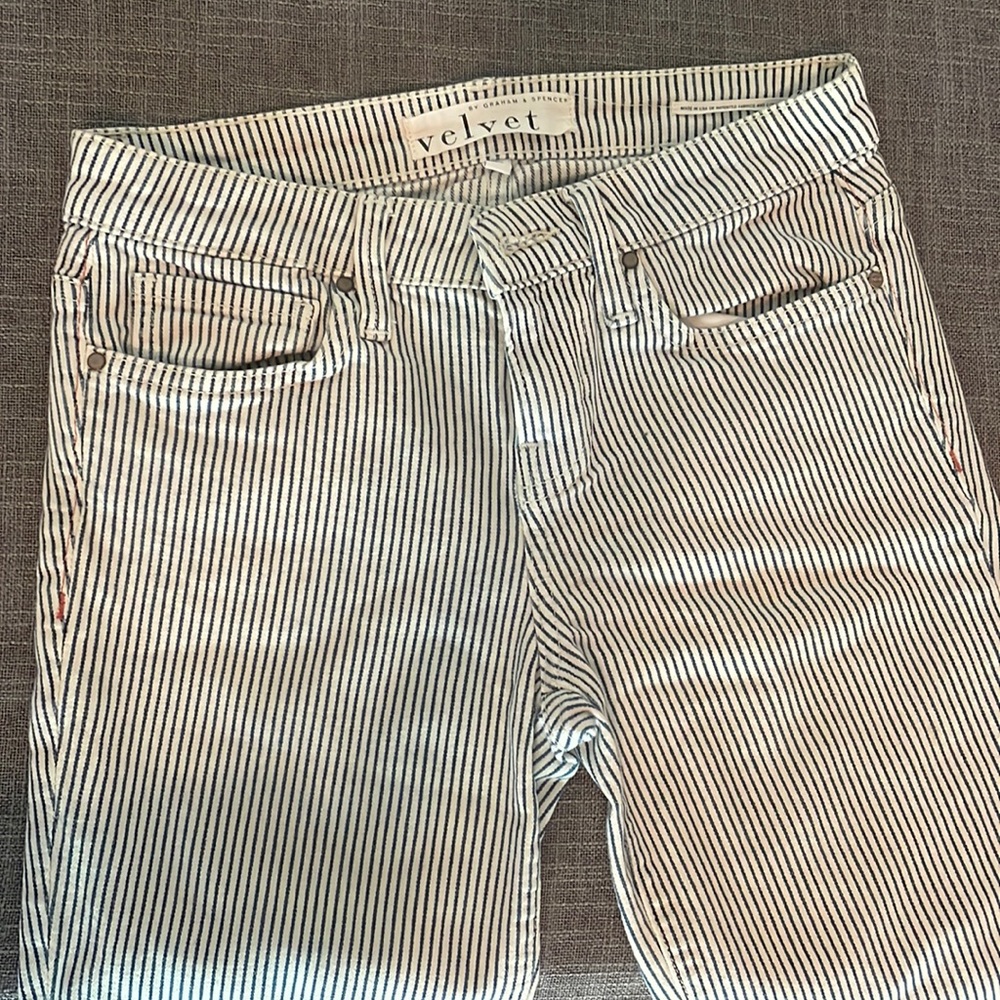 Blue and white pin strip jeans